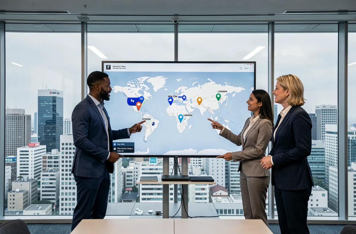 Équipe multiculturelle comparant les heures mondiales sur un écran interactif dans un bureau de Tokyo