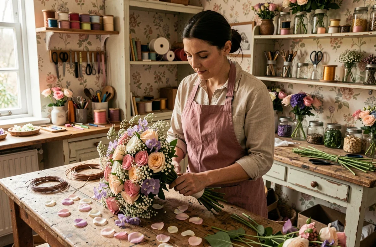 Fleuriste d'Et Fleur et Moi assemblant un bouquet de mariée romantique de roses et pois de senteur dans son atelier artisanal
