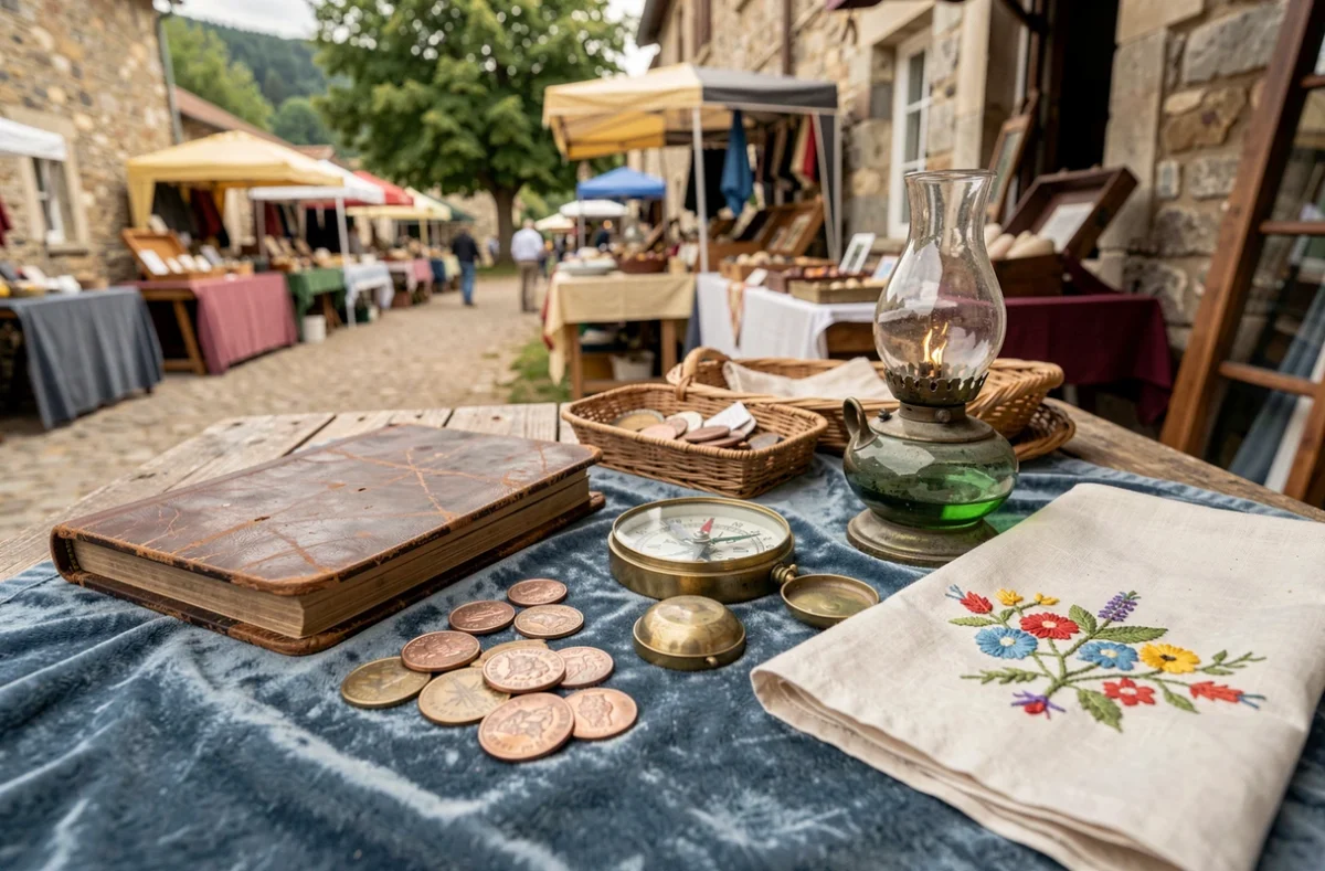 Étalage de brocante avec objets vintage comme lampe à huile, monnaies et linge brodé sur tissu bleu vieilli