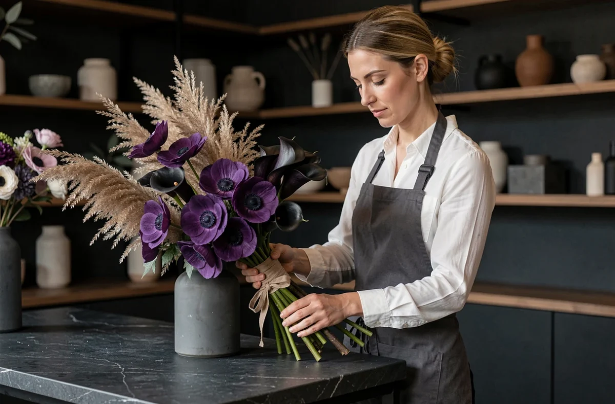 Fleuriste d'Étamine assemblant un bouquet dramatique d'anémones violettes et de callas noirs sur un plan de travail en pierre sombre dans un atelier contemporain