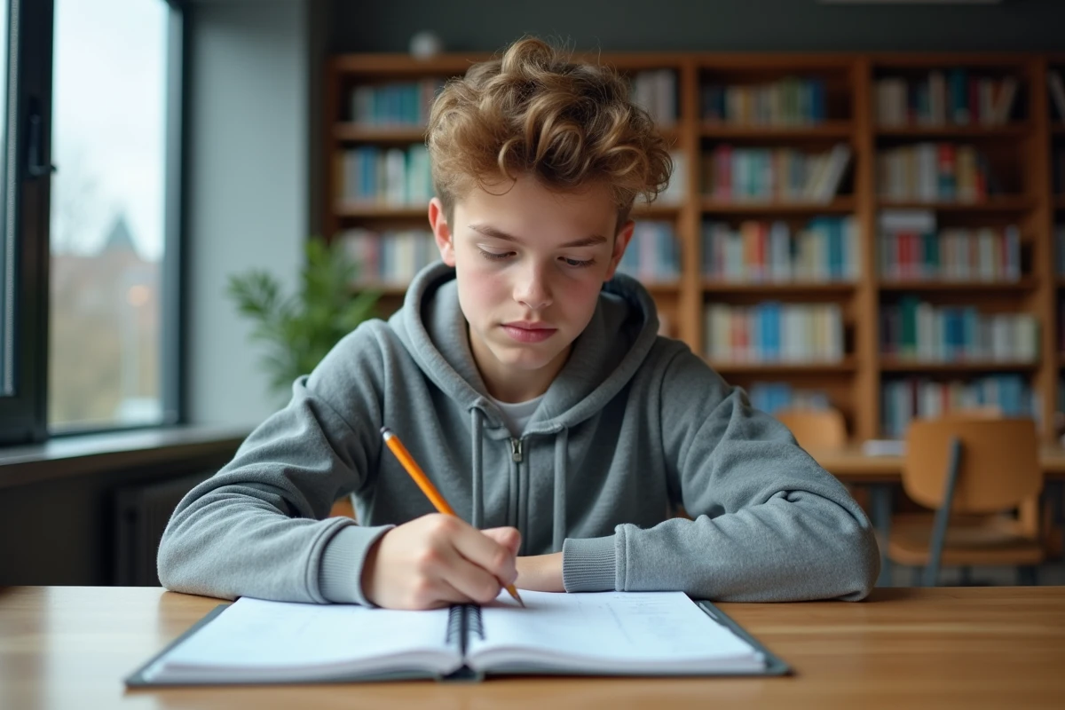 Adolescent concentré sur un exercice de conjugaison française dans un cahier en bibliothèque scolaire