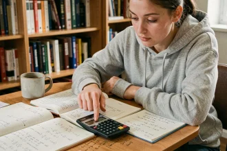 Étudiante en mathématiques consultant une table trigonométrique avec une calculatrice scientifique pour les valeurs arcsin