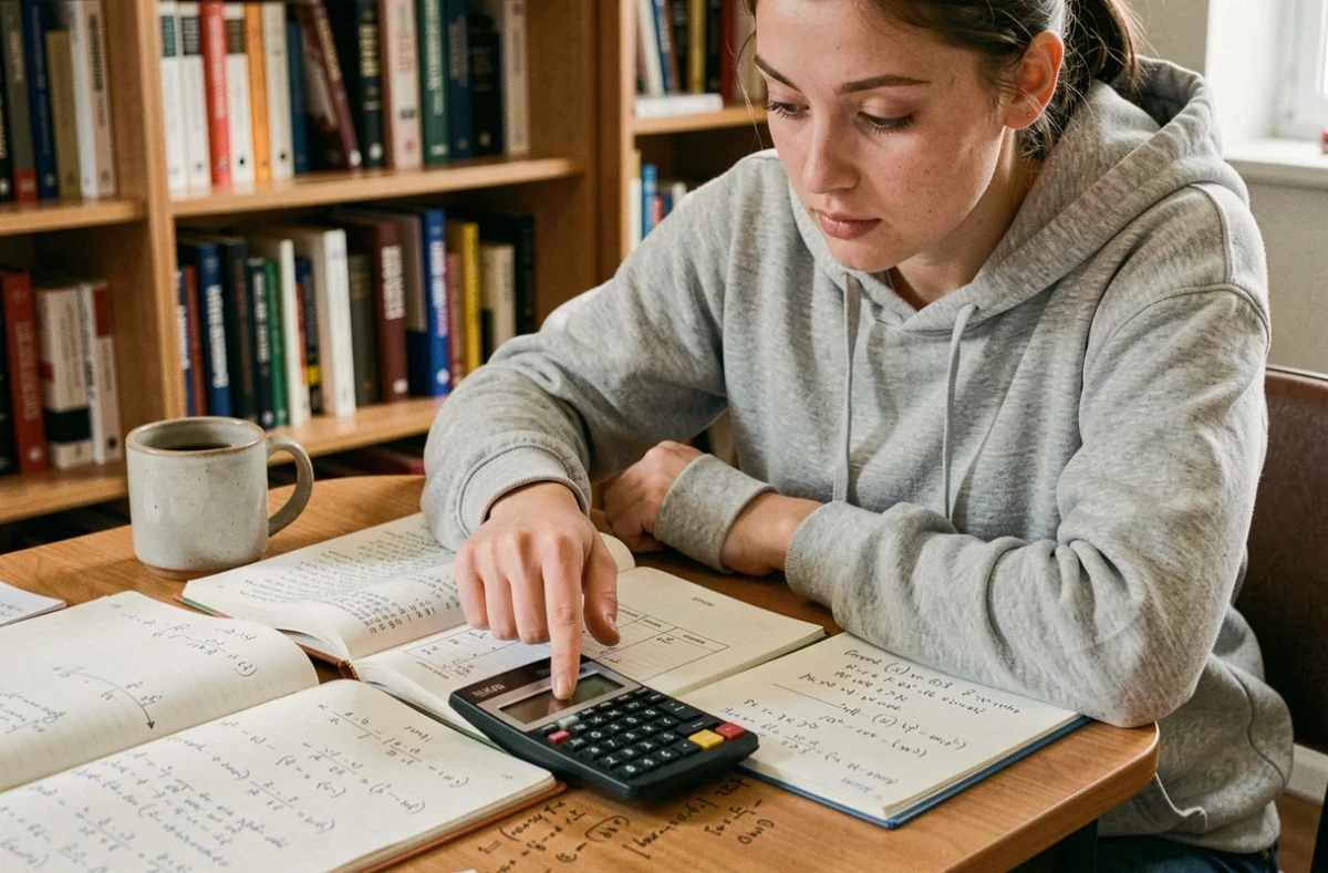 Étudiante en mathématiques consultant une table trigonométrique avec une calculatrice scientifique pour les valeurs arcsin