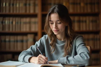 Étudiante en droit révisant l'arrêt Perdereau dans une bibliothèque universitaire avec des notes juridiques et des codes annotés