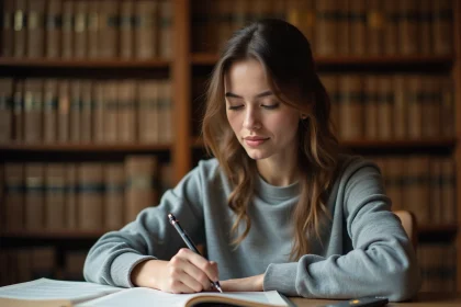 Étudiante en droit révisant l'arrêt Perdereau dans une bibliothèque universitaire avec des notes juridiques et des codes annotés