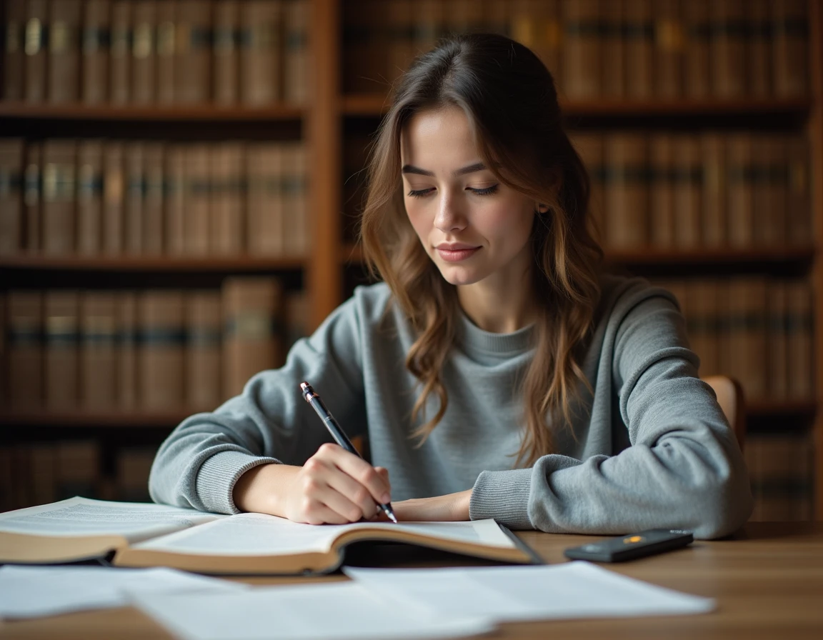Étudiante en droit révisant l'arrêt Perdereau dans une bibliothèque universitaire avec des notes juridiques et des codes annotés