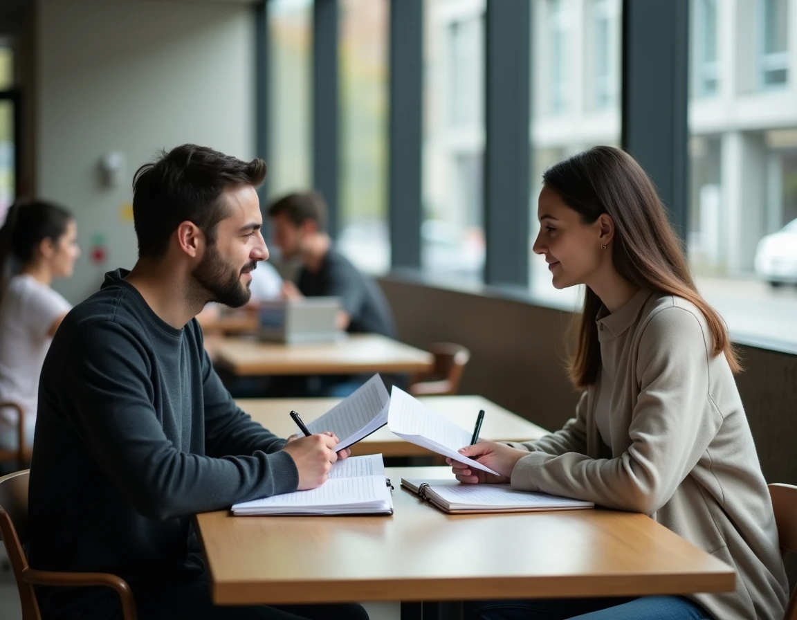 Deux étudiants en droit discutant l'arrêt Perdereau ensemble dans un café universitaire avec des notes de cours