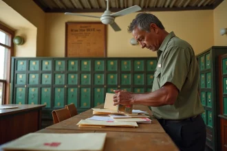 Facteur mauricien triant des enveloppes avec codes postaux de Port Louis dans un bureau de poste authentique