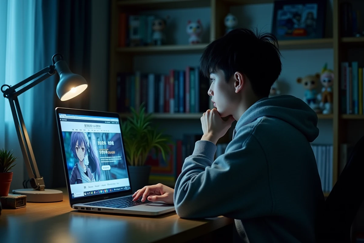 Fan d'anime consultant des annonces officielles sur Tengoku Daimakyou saison 2 devant son ordinateur portable dans un bureau décoré de mangas