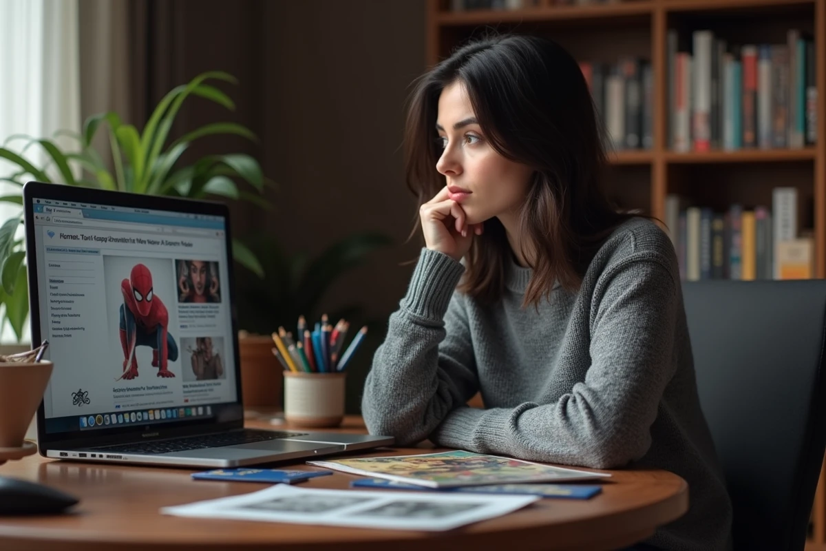 Fan passionnée lisant des actualités sur Amazing Spider-Man 3 entourée de comics Spider-Man