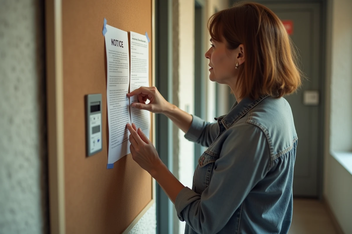 Femme regardant une affiche de maintenance dans le couloir