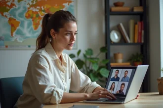 Femme en télétravail lors d'un appel vidéo avec collègues, horloge murale et carte du monde en arrière-plan pour gérer le fuseau horaire de la Réunion