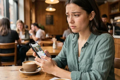 Jeune femme consultant l'application Fruitz sur son smartphone dans un café, l'air dubitative face aux options payantes