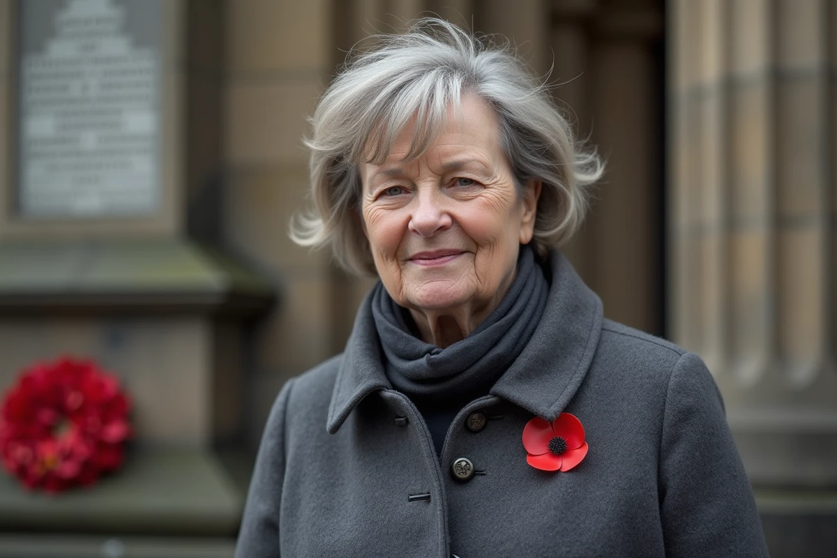 Femme portant un badge coquelicot rouge sur son manteau devant un mémorial de guerre en pierre
