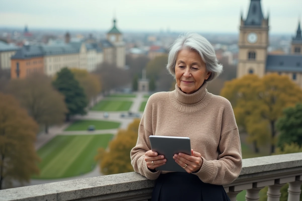 Femme élégante de 60 ans regardant une tablette en balcon