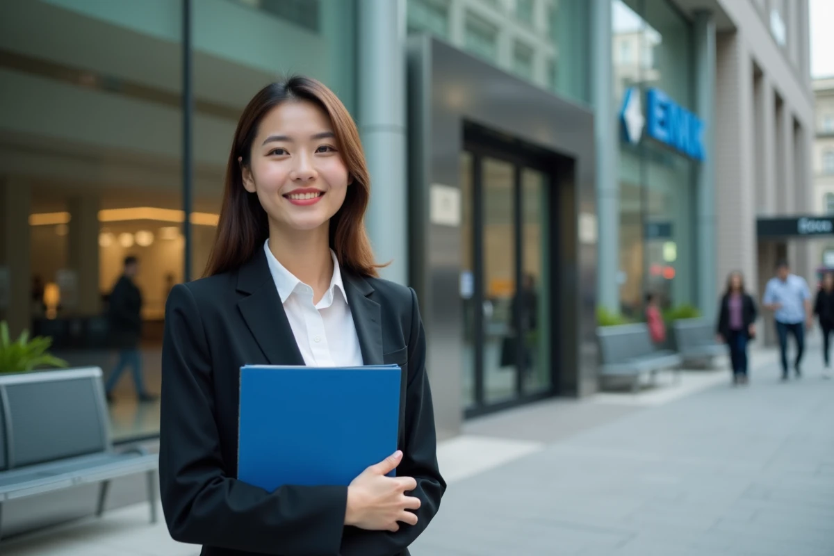 Jeune femme daffaires souriante devant une banque moderne