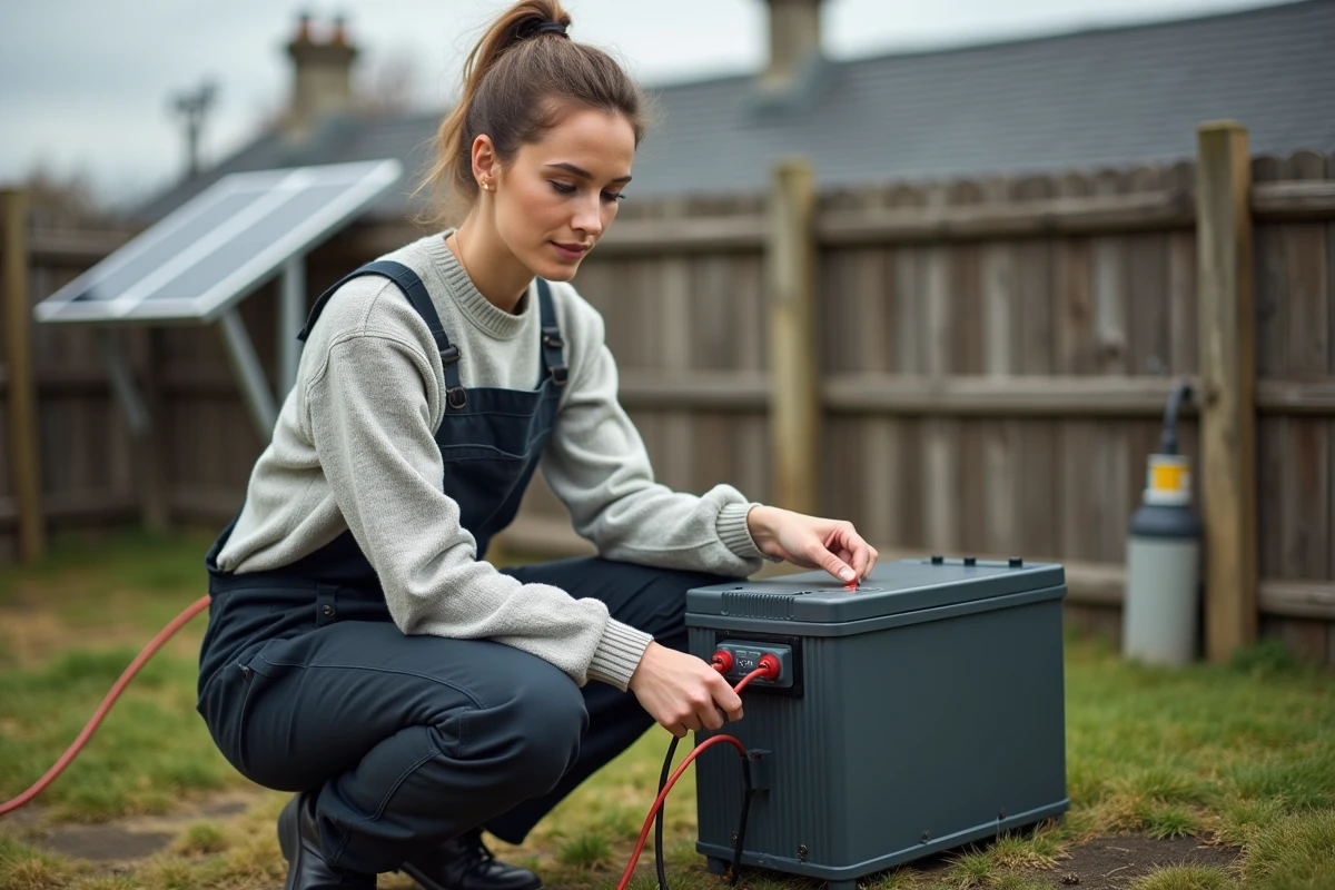 Jeune femme connectant une batterie portable à des panneaux solaires