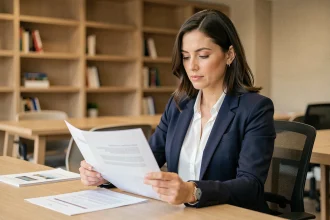 Femme professionnelle en blazer marine relisant des documents dans un bureau moderne, illustrant la révision du langage administratif et des alternatives rédactionnelles