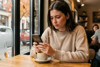 Femme pensive dans un café regardant l'heure 18h18 sur son téléphone, symbolisant la signification des heures miroirs et la rupture amoureuse