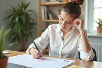 Femme annotant un calendrier 2026 avec semaines paires et impaires colorées sur un bureau en bois