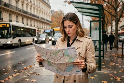 Femme consultant une carte des bus de Paris en papier à un arrêt de bus parisien en automne