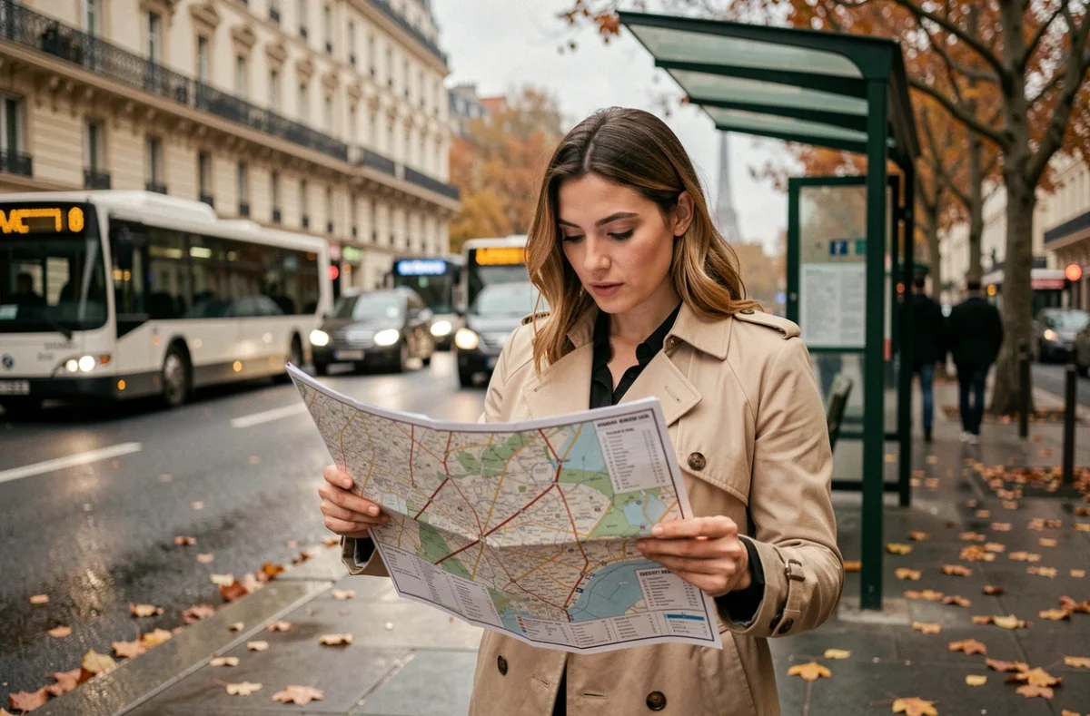 Femme consultant une carte des bus de Paris en papier à un arrêt de bus parisien en automne