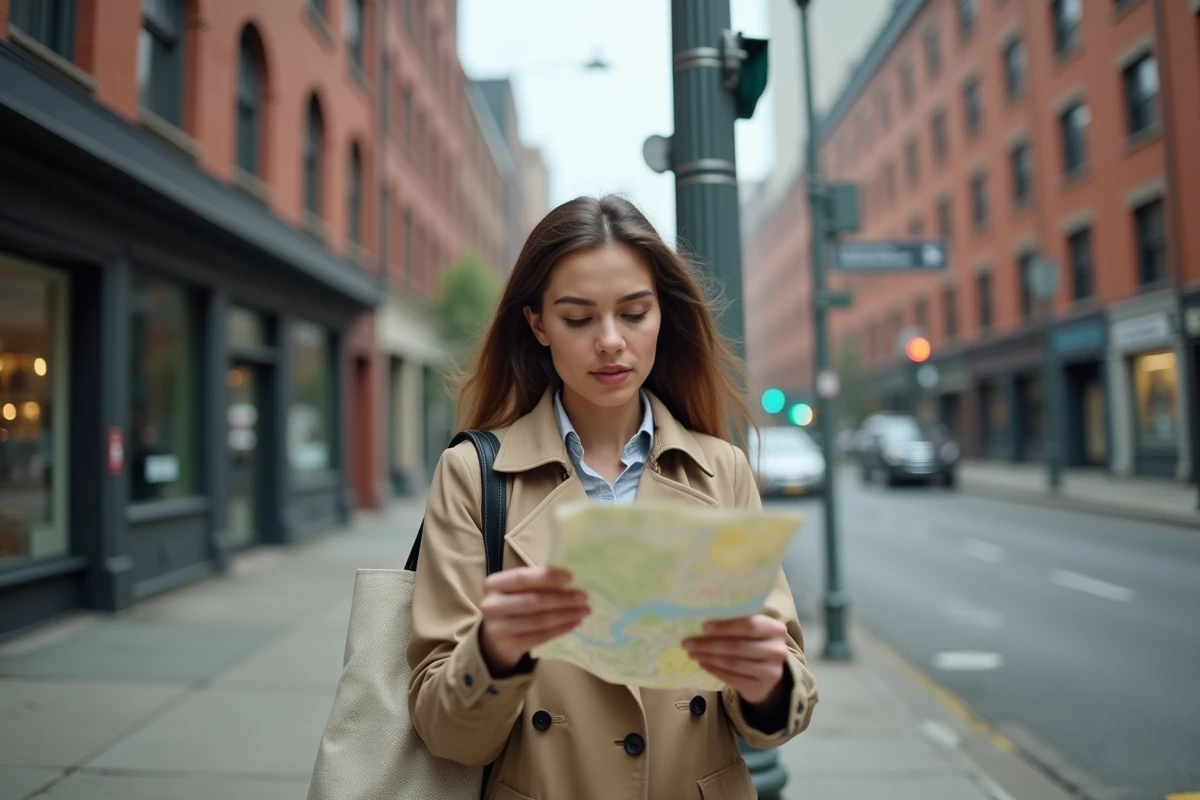 Femme consultant une carte papier à un carrefour urbain pour trouver son itinéraire depuis le point 269 St