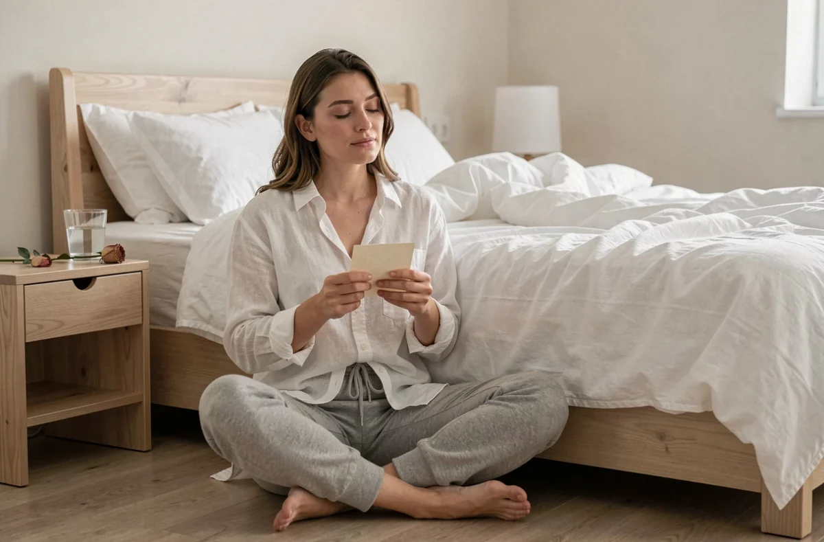 Femme assise sur le sol de sa chambre tenant un message, évoquant la signification spirituelle de 18h18 comme signe de guérison après une rupture amoureuse