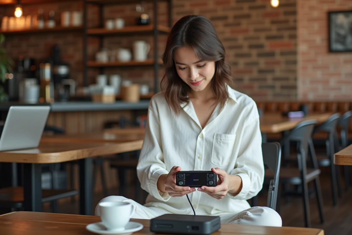 Femme utilisant une console portable Sony dans un café pour accéder au cloud gaming, avec routeur de voyage sur la table