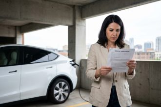 Femme examinant un contrat de location de voiture électrique dans un parking urbain