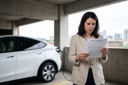 Femme examinant un contrat de location de voiture électrique dans un parking urbain
