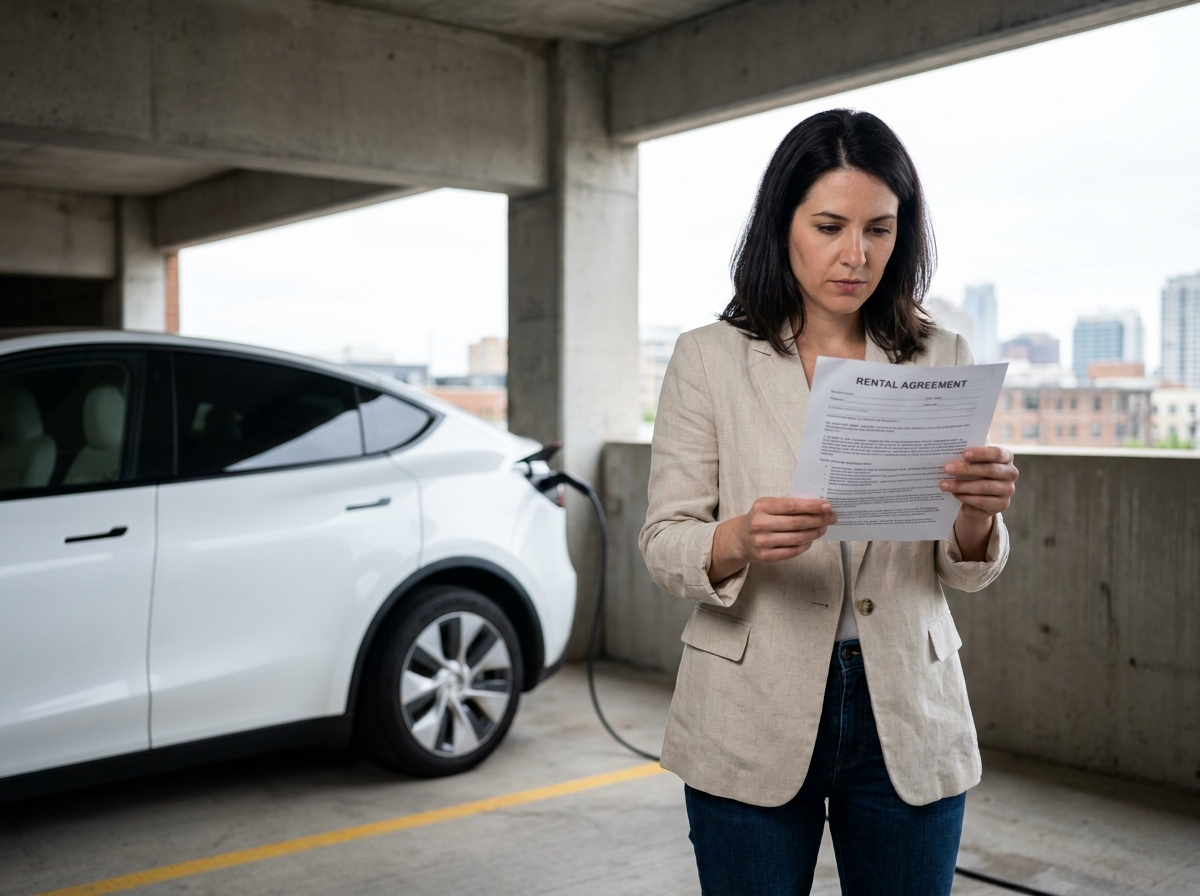 Femme examinant un contrat de location de voiture électrique dans un parking urbain