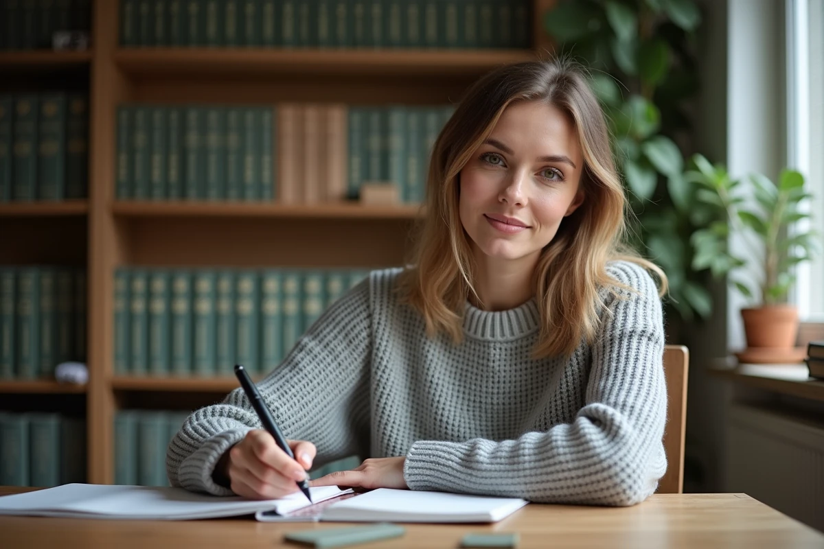 Femme concentrée qui écrit dans un cahier d'orthographe à son bureau, entourée de livres de grammaire française