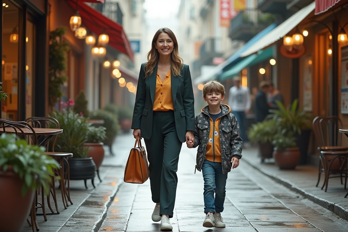 Femme et garçon dans une rue piétonne animée en mode 2026