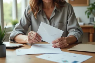 Femme glissant une lettre dans une enveloppe C5 sur un bureau avec balance postale et timbres