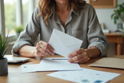 Femme glissant une lettre dans une enveloppe C5 sur un bureau avec balance postale et timbres