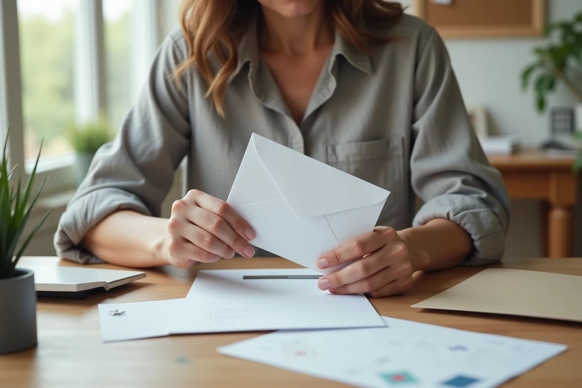 Femme glissant une lettre dans une enveloppe C5 sur un bureau avec balance postale et timbres