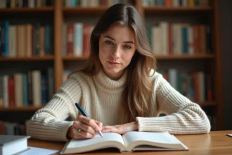 Jeune femme étudiant la conjugaison française avec un manuel de grammaire ouvert sur un bureau en bois