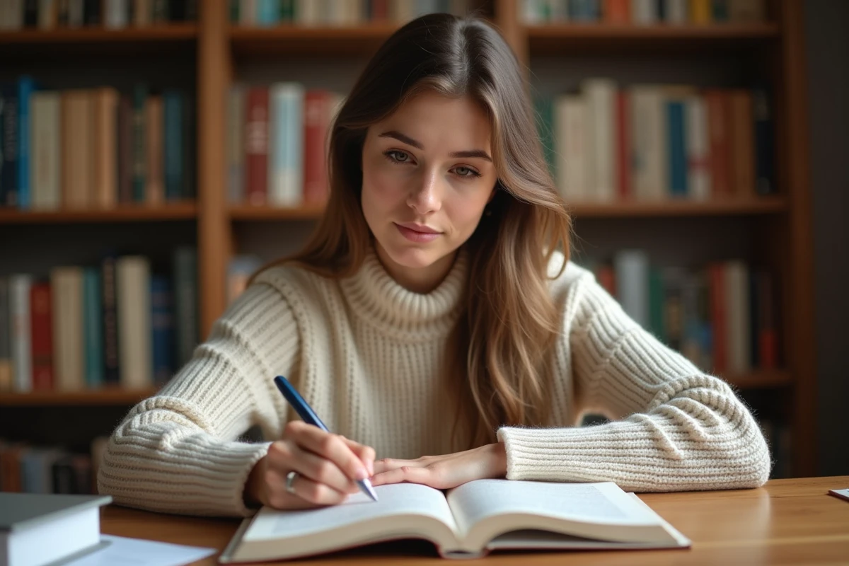 Jeune femme étudiant la conjugaison française avec un manuel de grammaire ouvert sur un bureau en bois