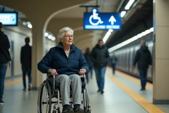 Femme en fauteuil roulant sur un quai RER accessible avec ascenseur et bandes podotactiles