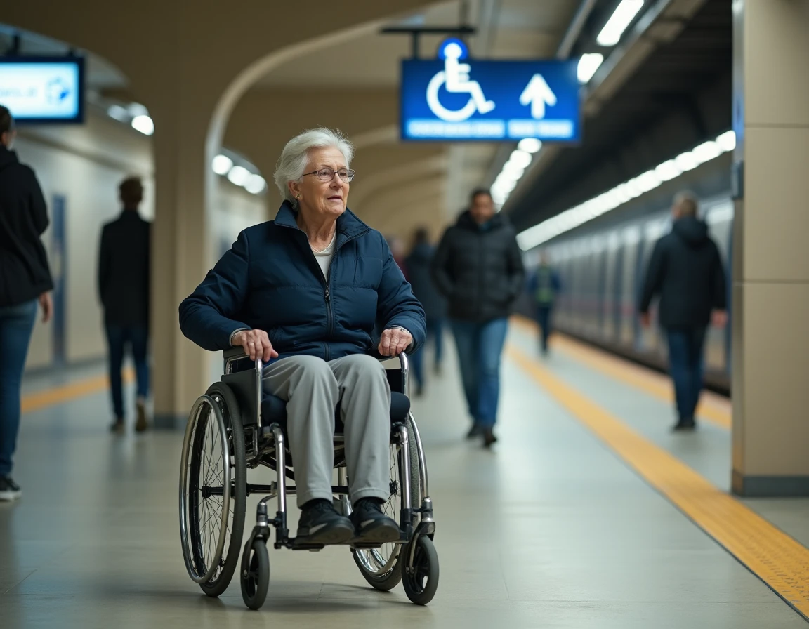 Femme en fauteuil roulant sur un quai RER accessible avec ascenseur et bandes podotactiles