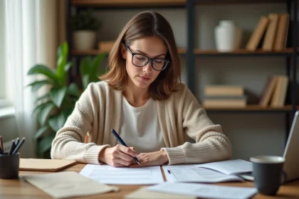 Femme remplissant un formulaire administratif officiel à son bureau à domicile, illustrant les démarches CAF ou impôts avec un lieu-dit