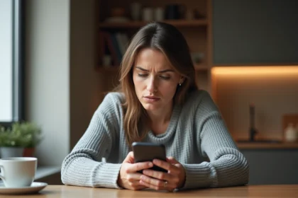 Femme stressée regardant un appel inconnu sur son téléphone portable, symbolisant le harcèlement téléphonique