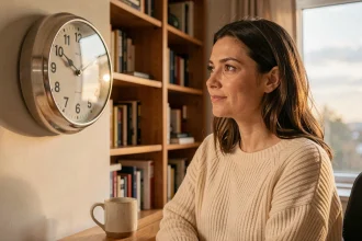 Femme regardant une horloge murale affichant 14h41 dans un bureau à domicile chaleureux, symbolisant l'heure miroir et la synchronicité