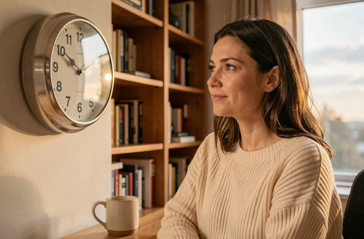Femme regardant une horloge murale affichant 14h41 dans un bureau à domicile chaleureux, symbolisant l'heure miroir et la synchronicité