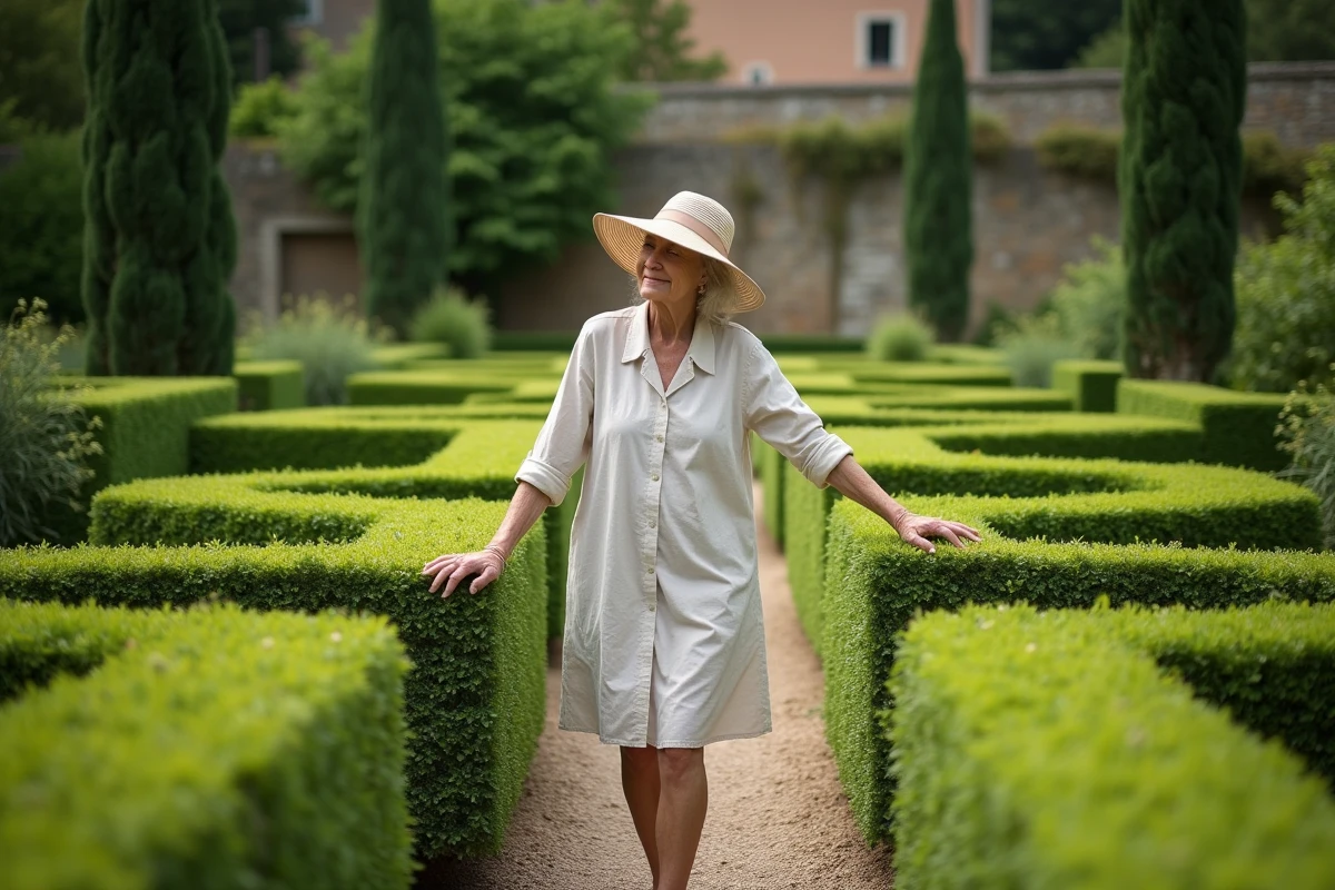 Femme âgée dans un jardin maze en campagne française