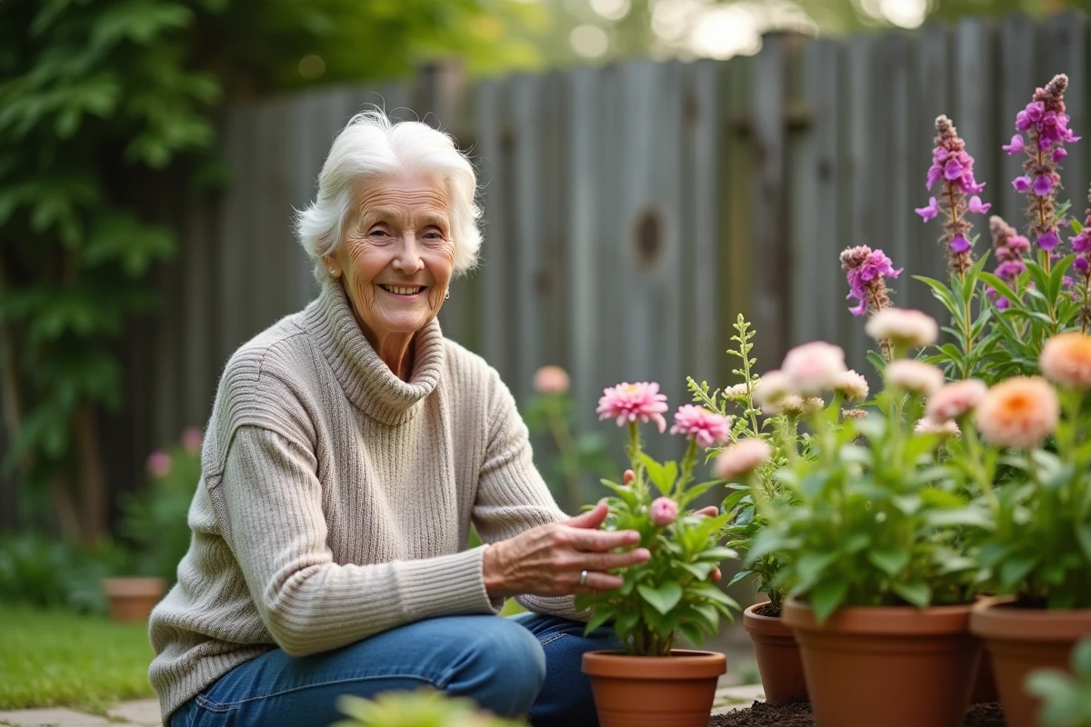 Femme retraitée jardinant parmi les fleurs vertes
