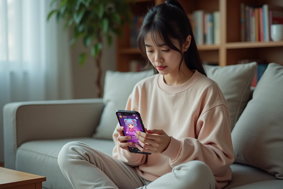 Jeune femme jouant à Anime Last Land sur smartphone dans un salon moderne, cherchant les meilleurs codes et méta-récompenses du jeu