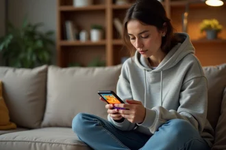 Femme jouant à Monopoly GO sur smartphone dans un salon moderne et cosy