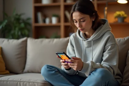 Femme jouant à Monopoly GO sur smartphone dans un salon moderne et cosy